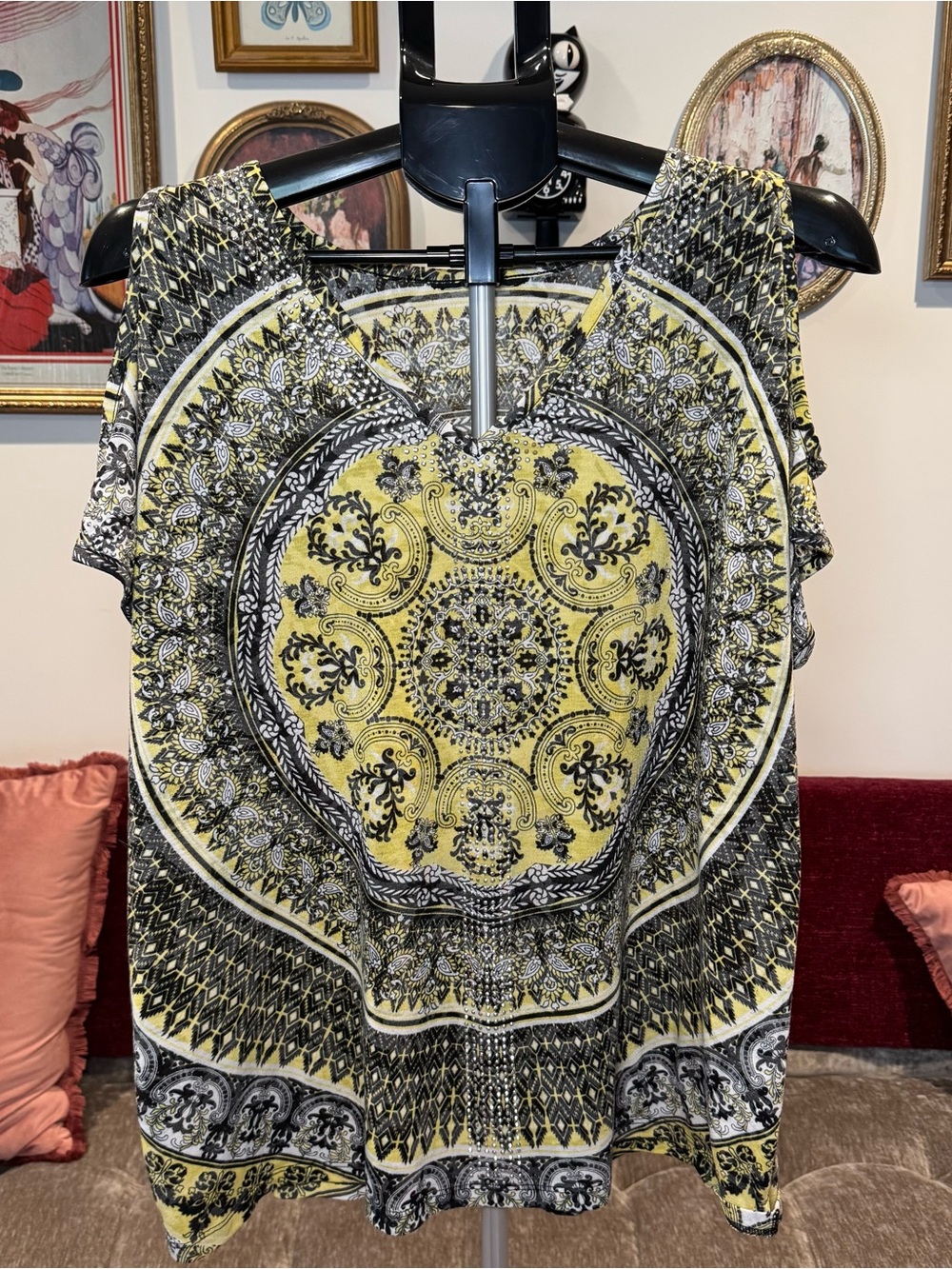 Yellow Paisley Medallion Cold Shoulder Women’s Top